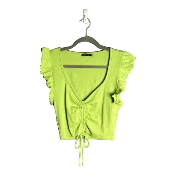 Zara Neon Green Ribbed Cinched Crop Top Ruffle Short Sleeves Size Large - Picture 1 of 7